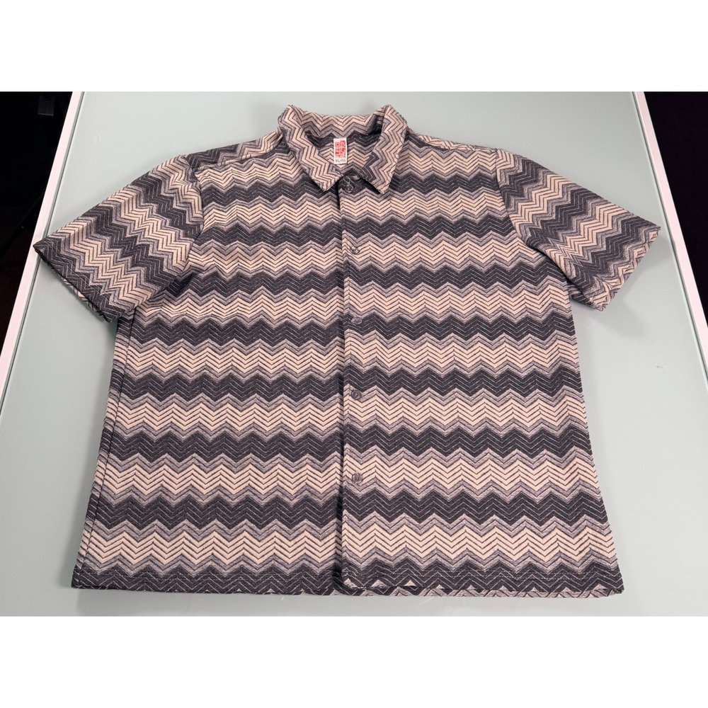 Fleece Factory Knit Shirt Mens Short Sleeve Gray Chevron Pattern Preppy - XL